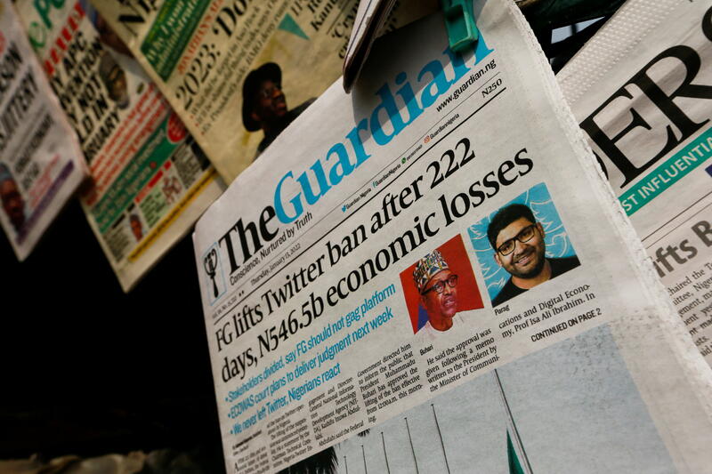 Newspapers feature Nigeria government's lifting of Twitter ban in January 2022. REUTERS/Afolabi Sotunde