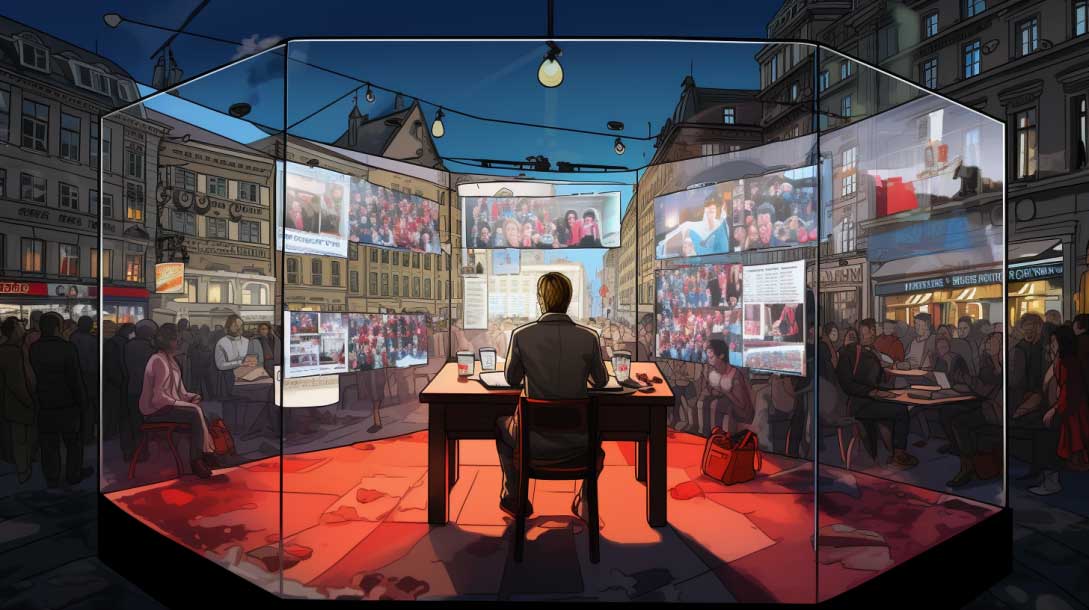 AI generated illustration shows a journalist working in a glass cage on a Finnish market square at dusk. 