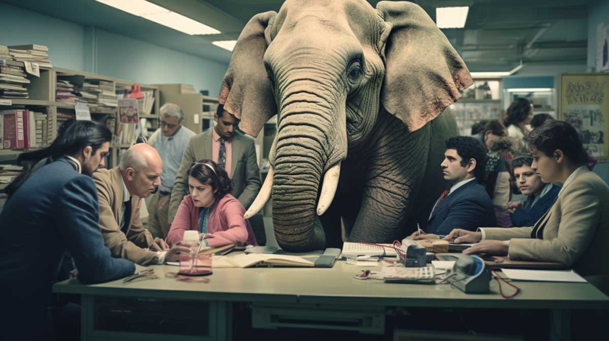 an AI-generated image of an elephant standing at a news desk