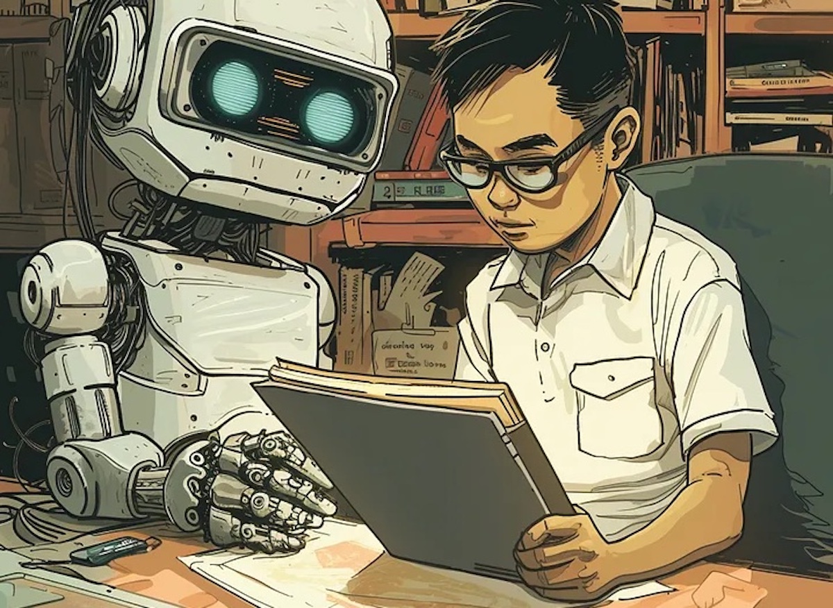 An image generated by Midjourney from the prompt “A Filipino journalist and a friendly robot working side by side in a newsroom.” 