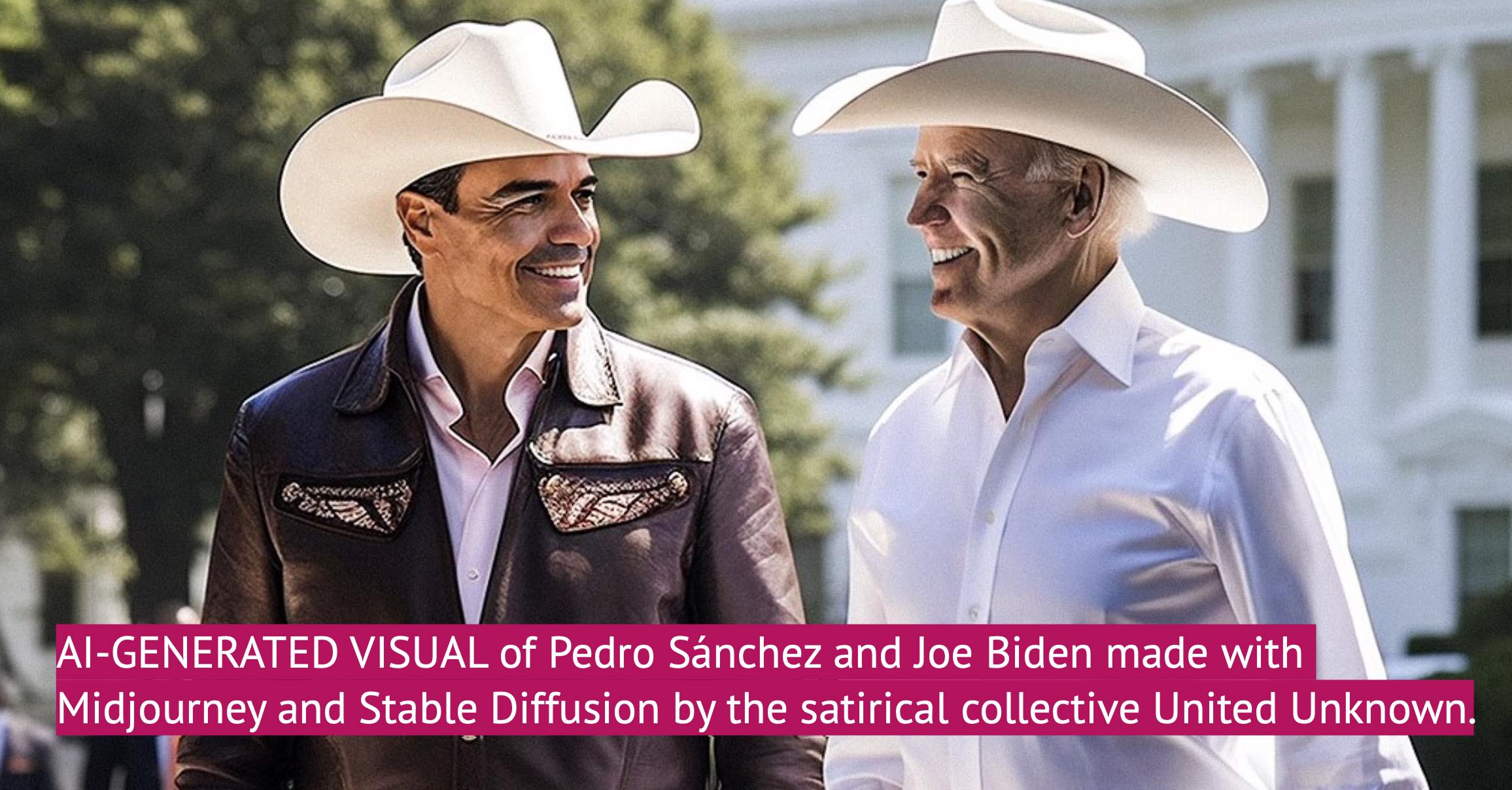 AI-GENERATED VISUAL of Pedro Sánchez and Joe Biden made with  Midjourney and Stable Diffusion by the satirical collective United Unknown. 