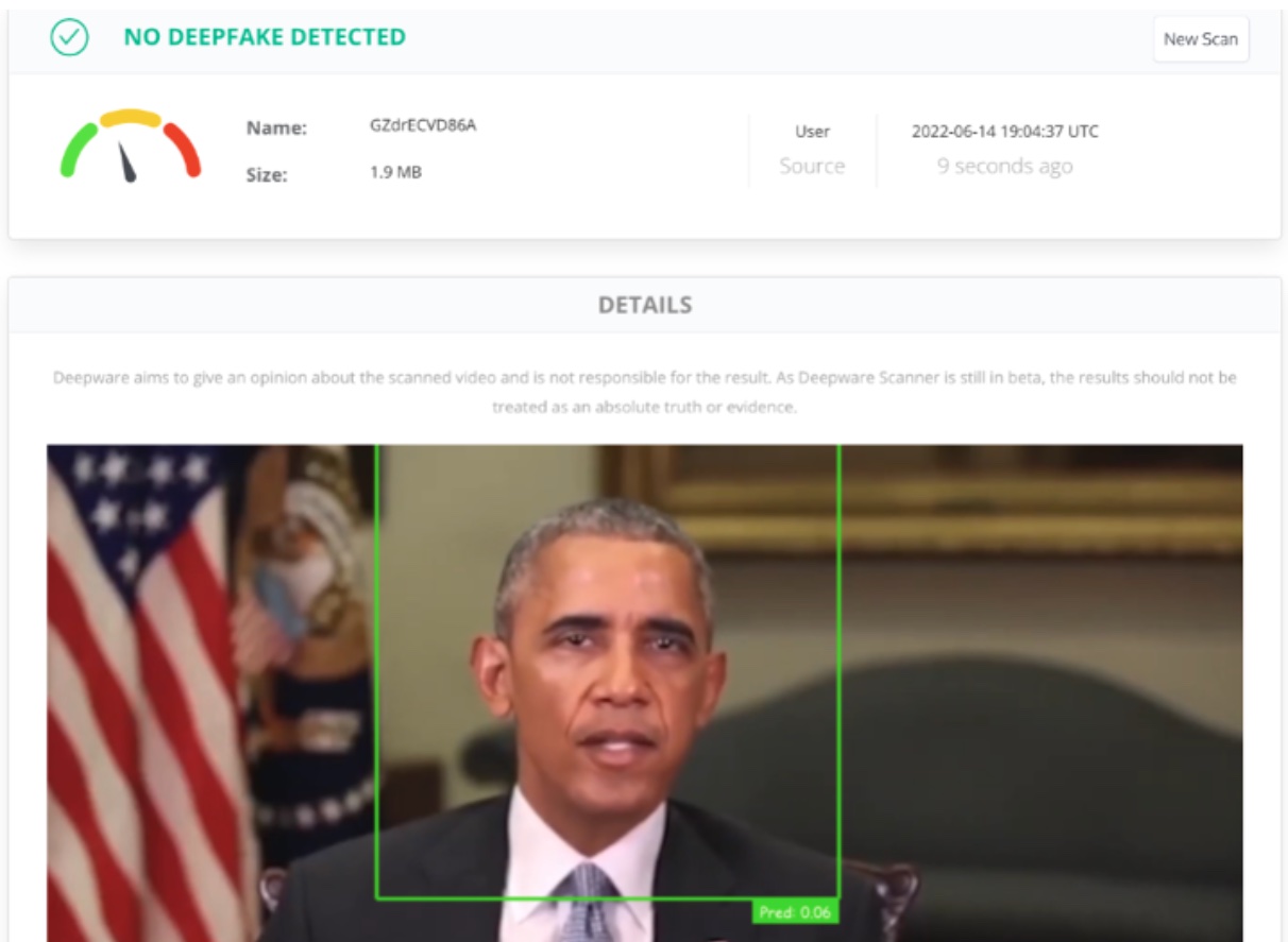 When we lowered the resolution and edited out the end of the video clip of President Obama’s deepfake, it was detected as “not a deepfake”.