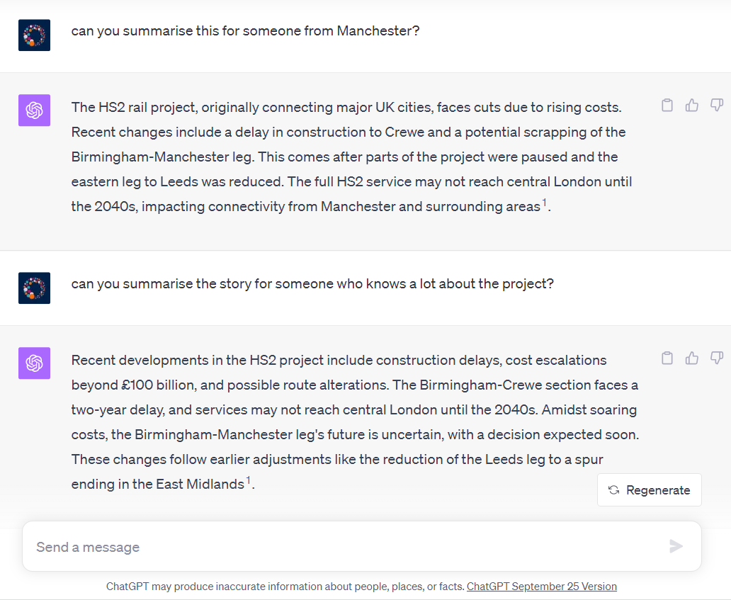 A screenshot of a chat exchange with ChatGPT. The questions ask to summarise the story for someone from Manchester and for someone who knows a lot about the topic. The responses show the same brief summary, rephrased with small differences.