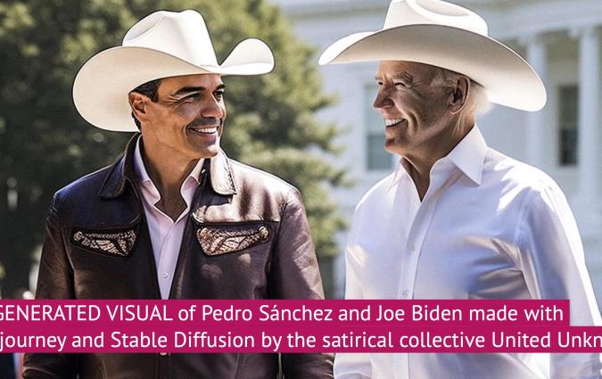 AI-GENERATED VISUAL of Pedro Sánchez and Joe Biden made with  Midjourney and Stable Diffusion by the satirical collective United Unknown. 