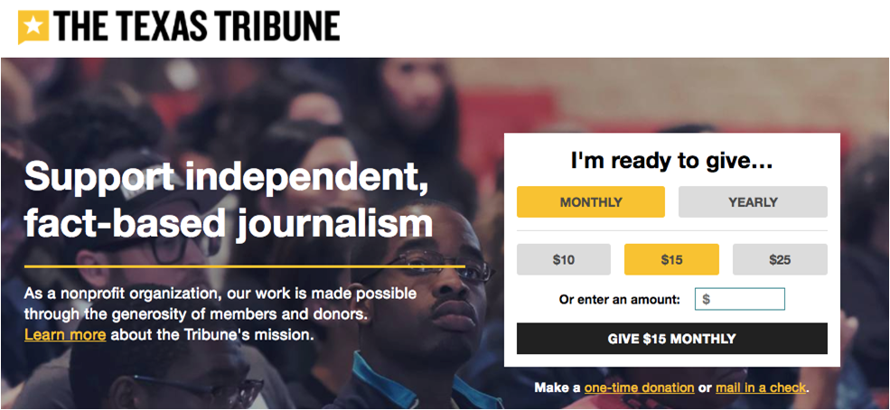 Texas Tribune donation message