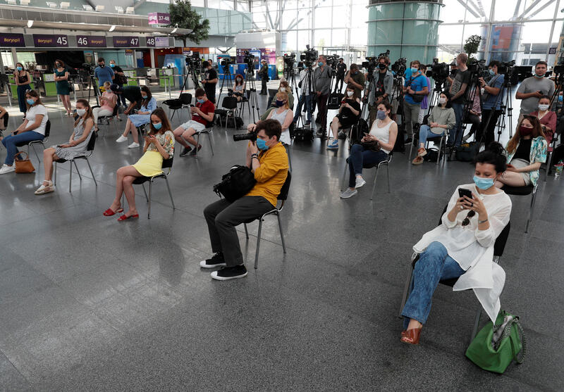 Journalists attend a news conference, Kiev, Ukraine June 13, 2020