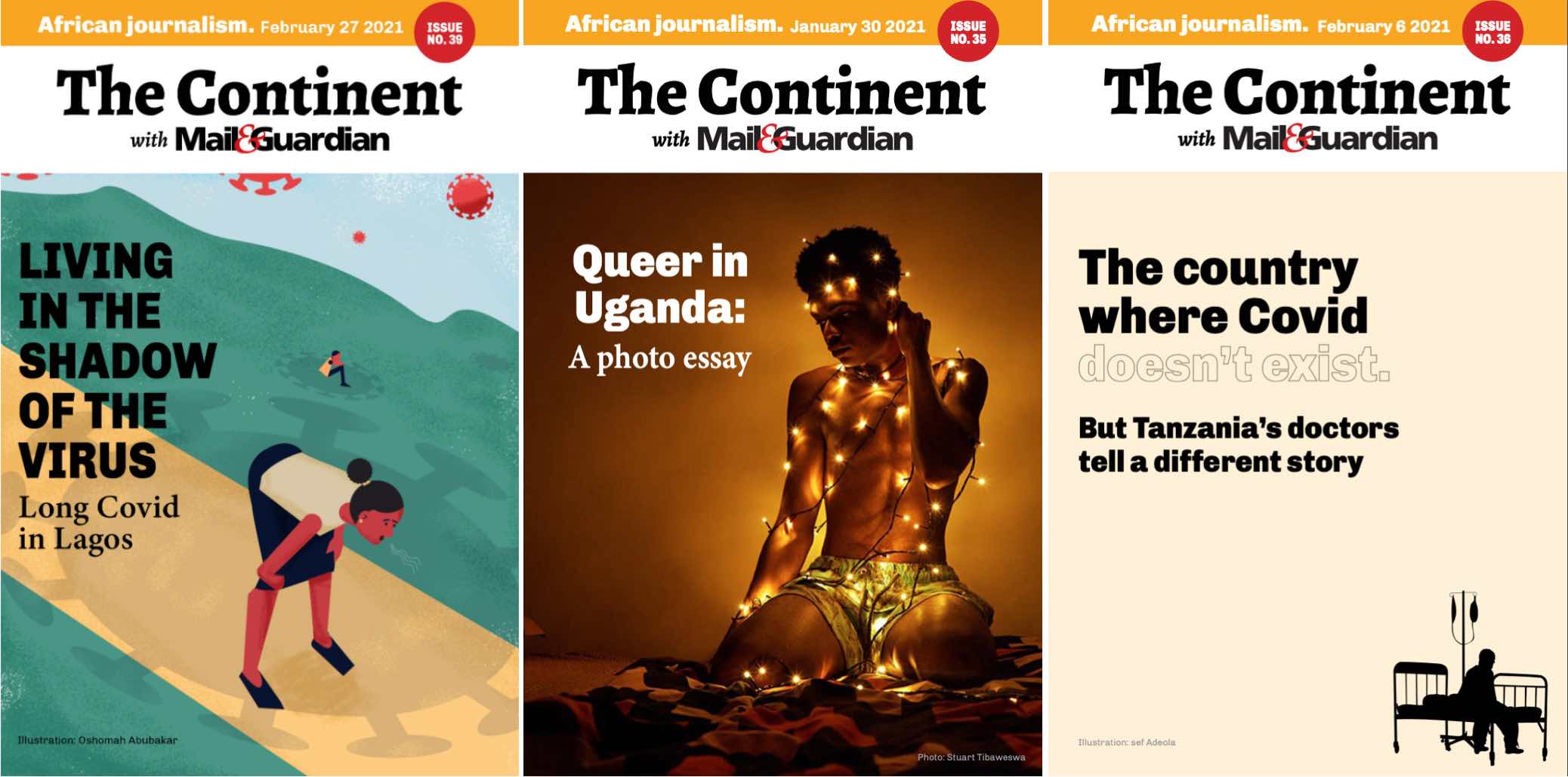 Recent covers of 'The Continent', a publication launched by South African newspaper 'Mail & Guardian' on WhatsApp. 