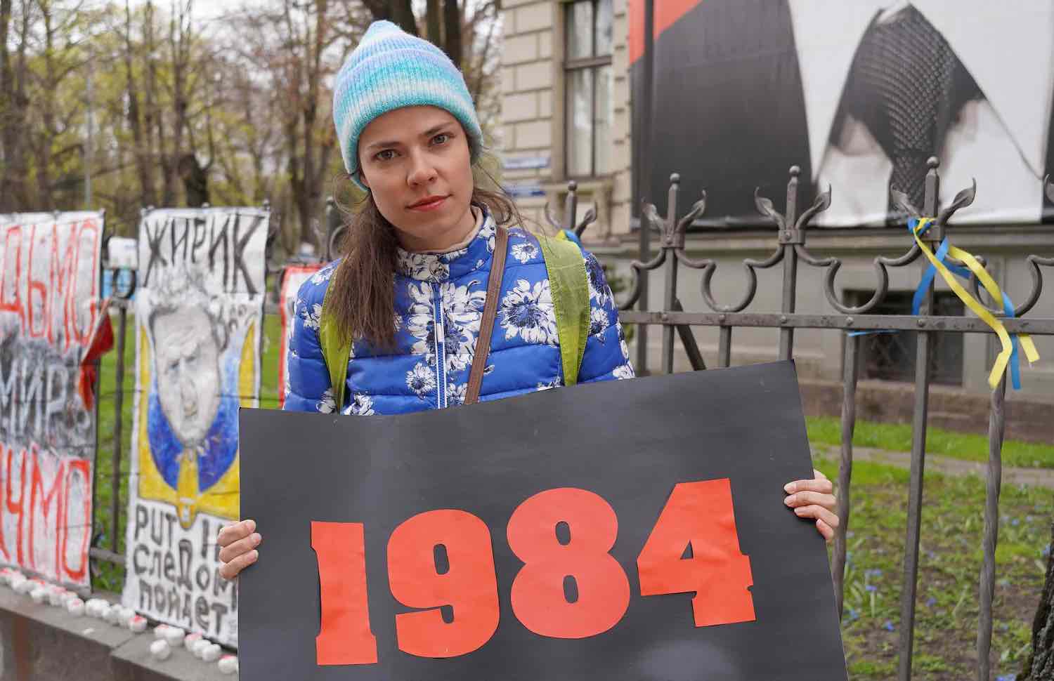 Russian journalist Aleksandra Ageeva protesting at the Russian embassy in Riga. 