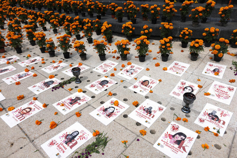 Posters with pictures of people are placed on the floor in front of rows of orange flowers.