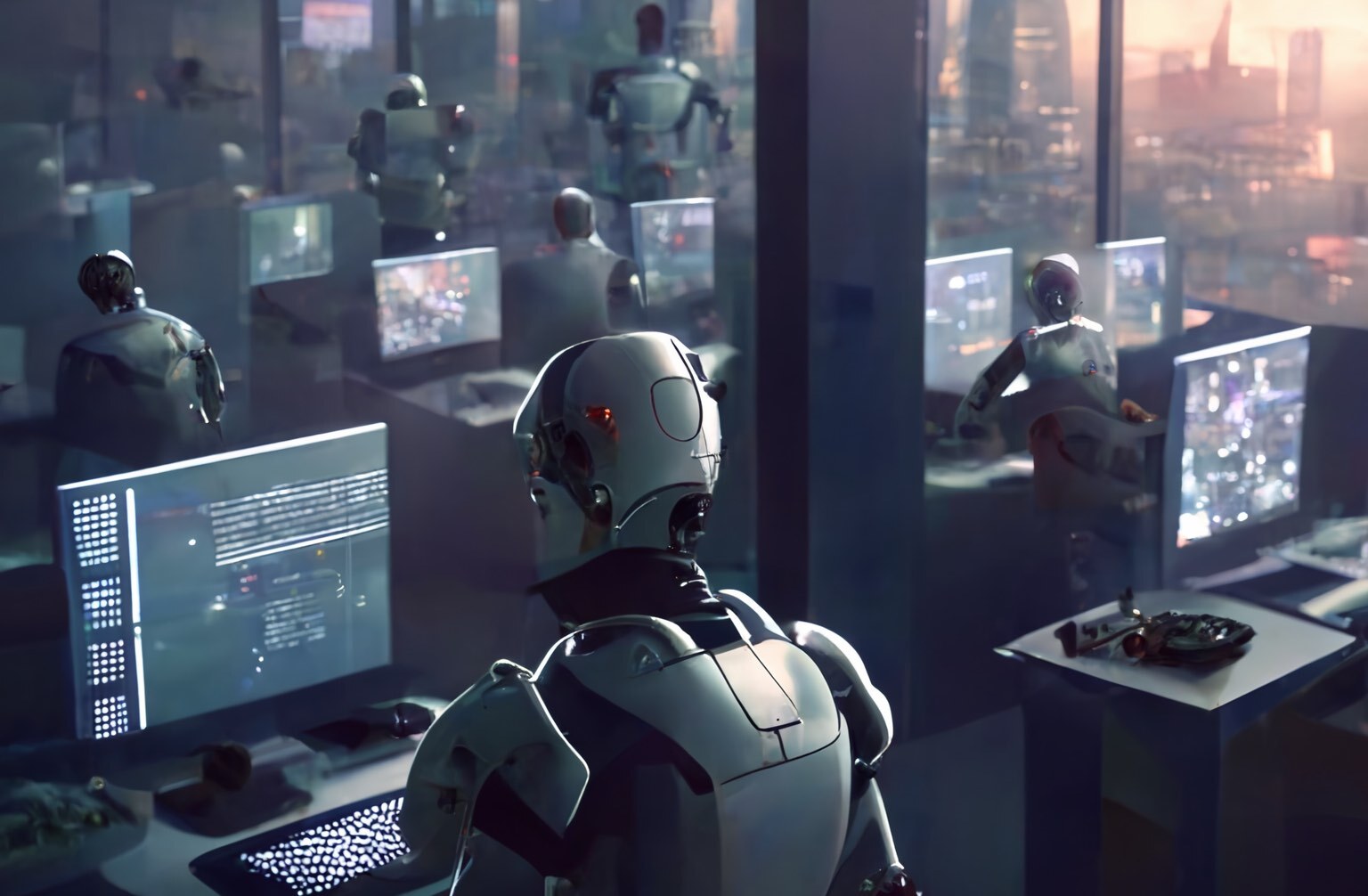 An AI-generated image of robots working on laptops in a modern-looking office.
