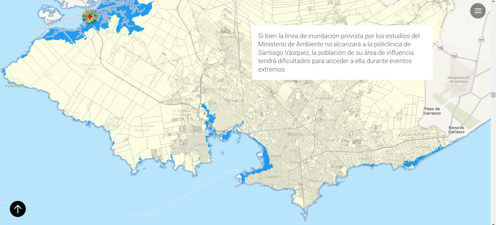 A screenshot of a map showing the coastal areas of Montevideo that are predicted to be submerged by rising sea levels.