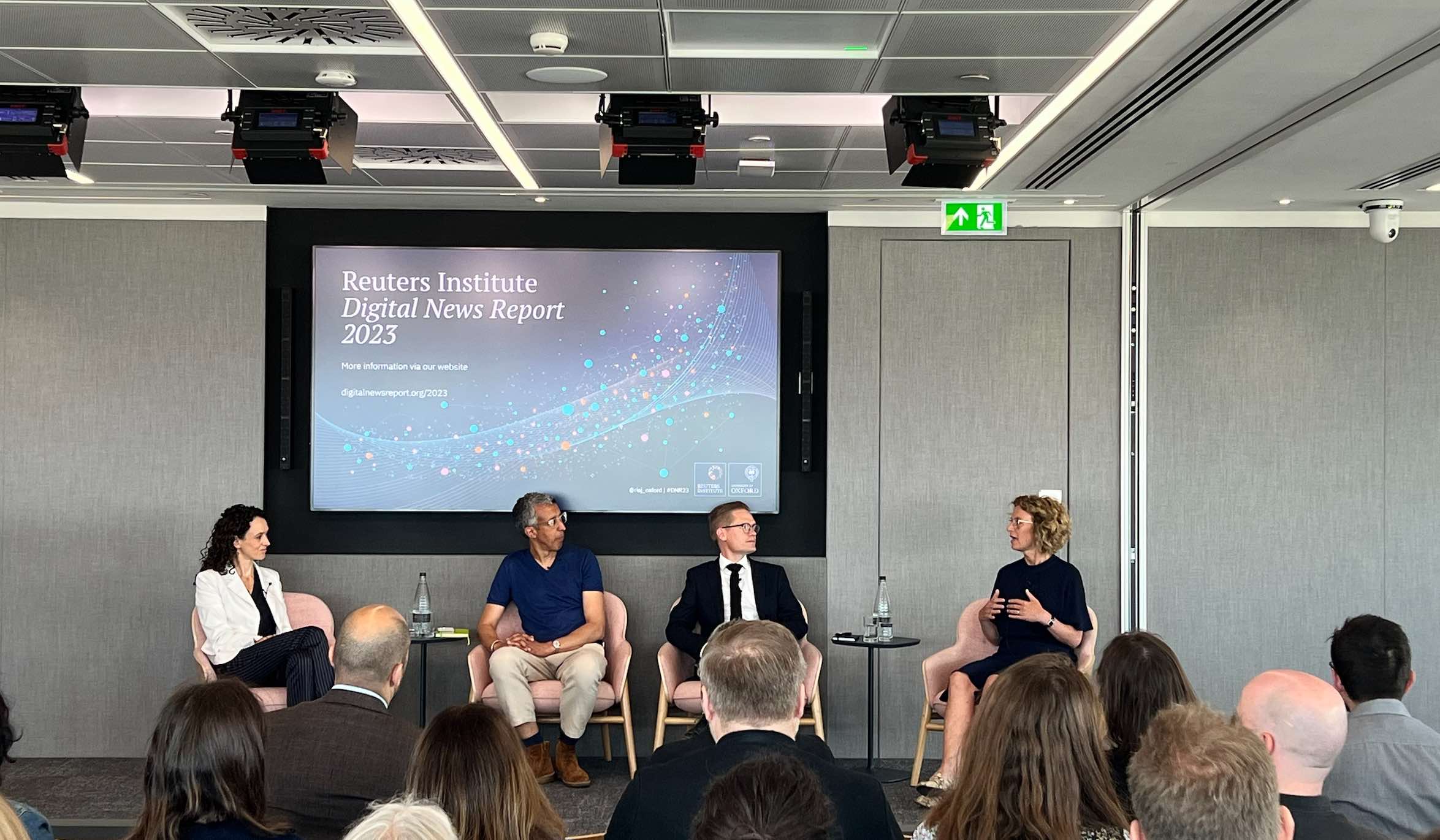 Jane Barrett, Kamal Ahmed, Rasmus Nielsen and Naja Nielsen at the global launch of the Digital News Report 2023. 