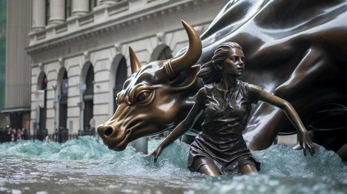 AI generated image shows Wall Street's Charging Bull and Fearless girl submerged in flood water (Midjourney)