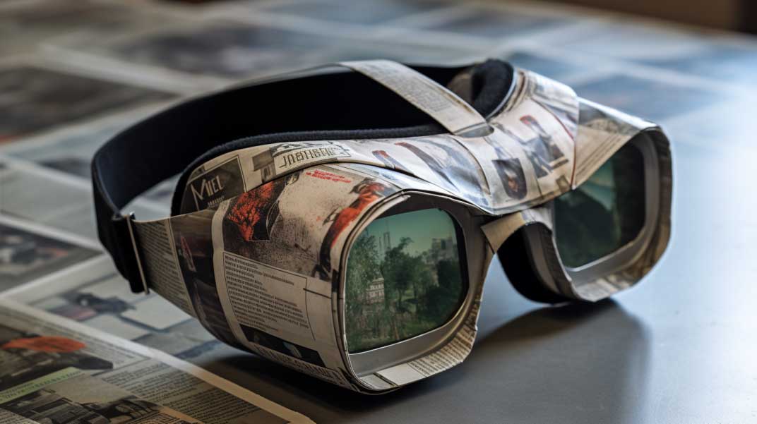 A pair of VR goggles made out of newspaper
