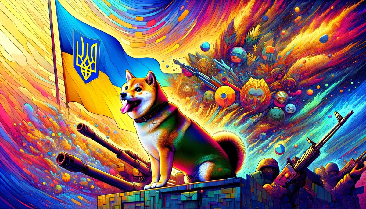 A Shiba Inu dog sits at the foreground of a colourful explosion of memes and emojis.
