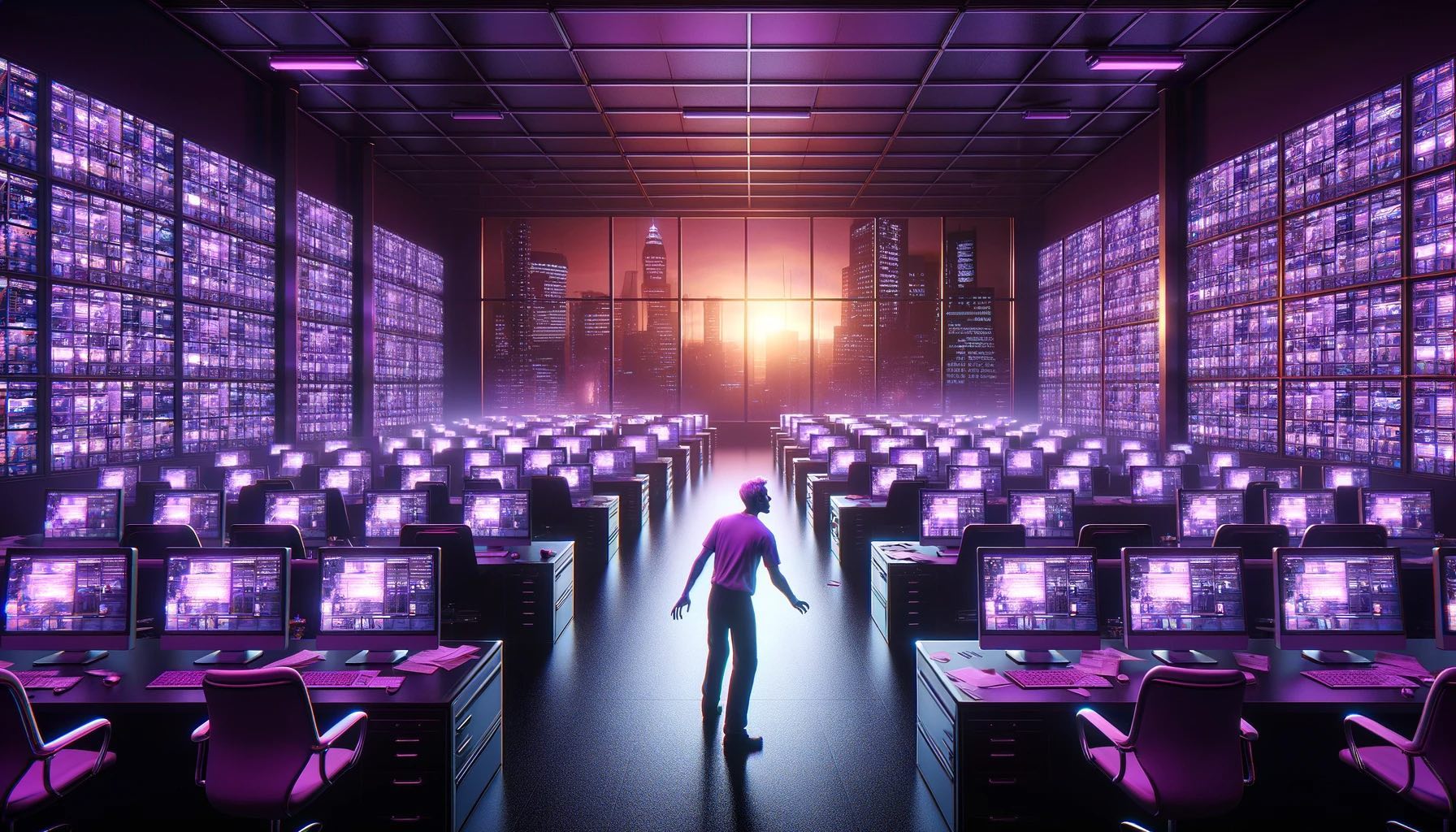 Illustration created with AI-powered tool Dall-E, using the prompt: 'Create a dystopian illustration depicting a dark newsroom with violet-screen computers, a cleaner sweeping the floor, and a sunset with skyscrapers in the background.