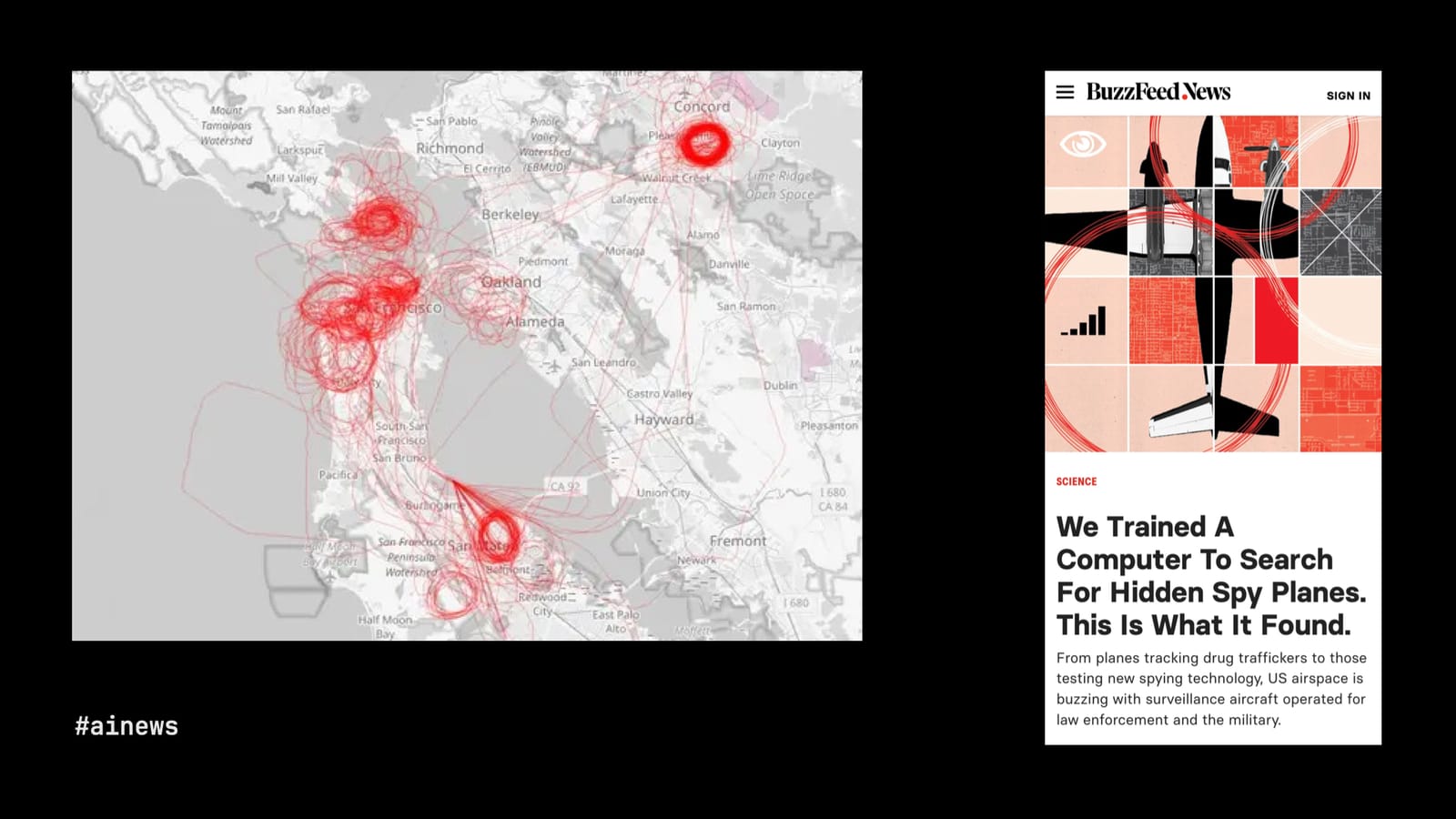 Screenshots of an investigation authored by BuzzFeed News journalist Peter Aldhous. He generated images of the flight patterns he collected and asked a machine-learning model to search for hidden spy planes. 