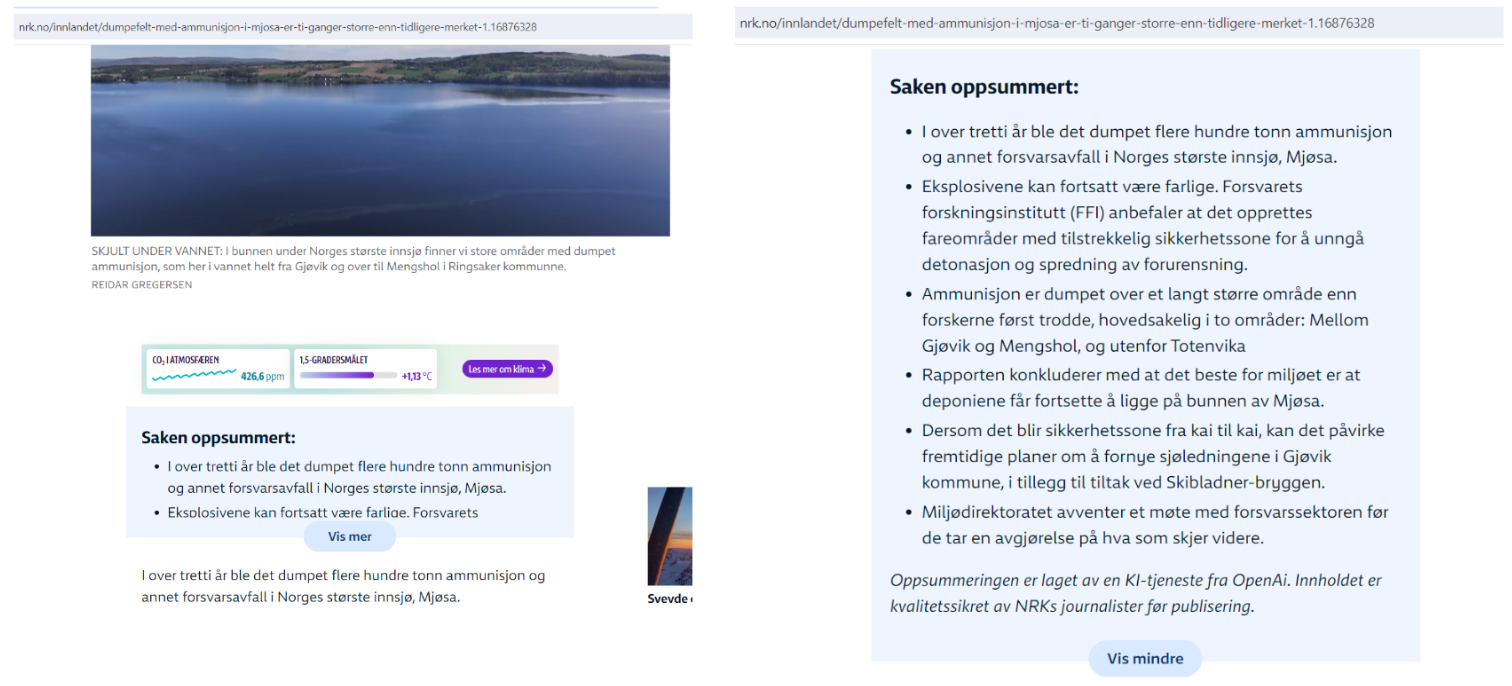 Two screenshots side-by-side showing a closed and opened summary box on an article page on the NRK website. The text in the summary box is organised in six bullet points.