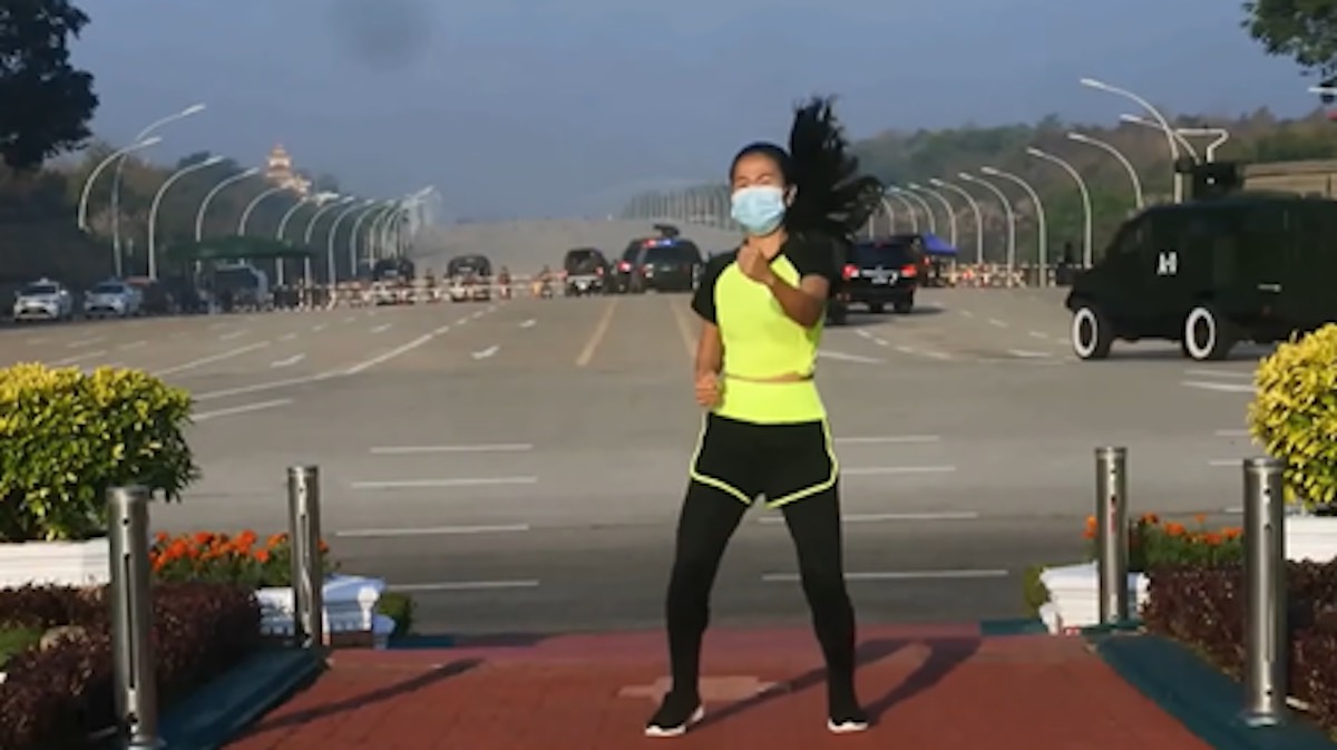 Khing Hnin Wai filmed her exercise routine on a main road leading to Myanmar's parliament complex on 2 February 2021. Credit: Khing Hnin Wai/YouTube