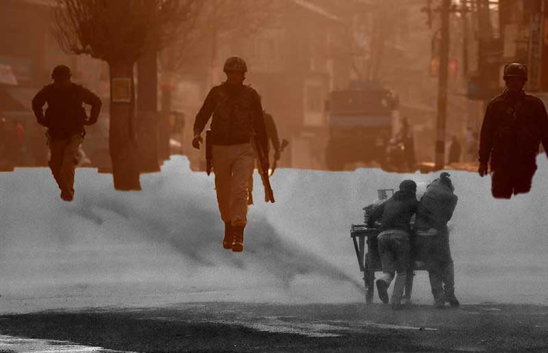 A cut-out image of three Indian police officers advancing on protestors is overlayed with an image of a Turkish water cannon aimed at two fleeing street vendors