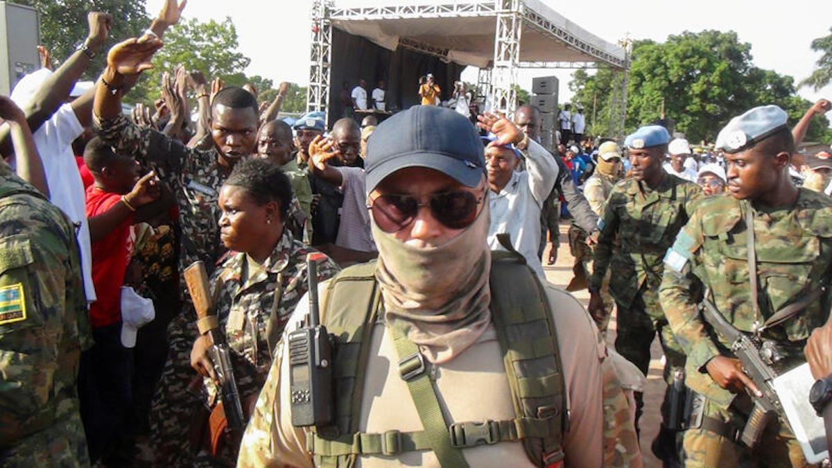 Russian officers from the Wagner Group are seen around Central African president Faustin-Archange Touadera as they are part of the presidential security system during the referendum campaign to change the constitution and remove term limits, in Bangui, Central African Republic July 17, 2023. REUTERS/Leger Kokpakpa