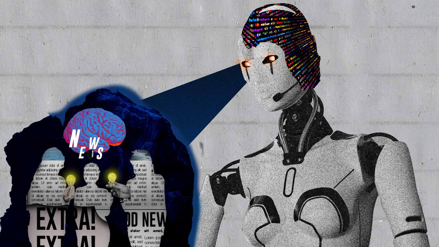 Collage-style illustration showing a humanoid robot with glowing eyes and colourful code across its head projecting a blue beam toward three human figures made of newspaper.