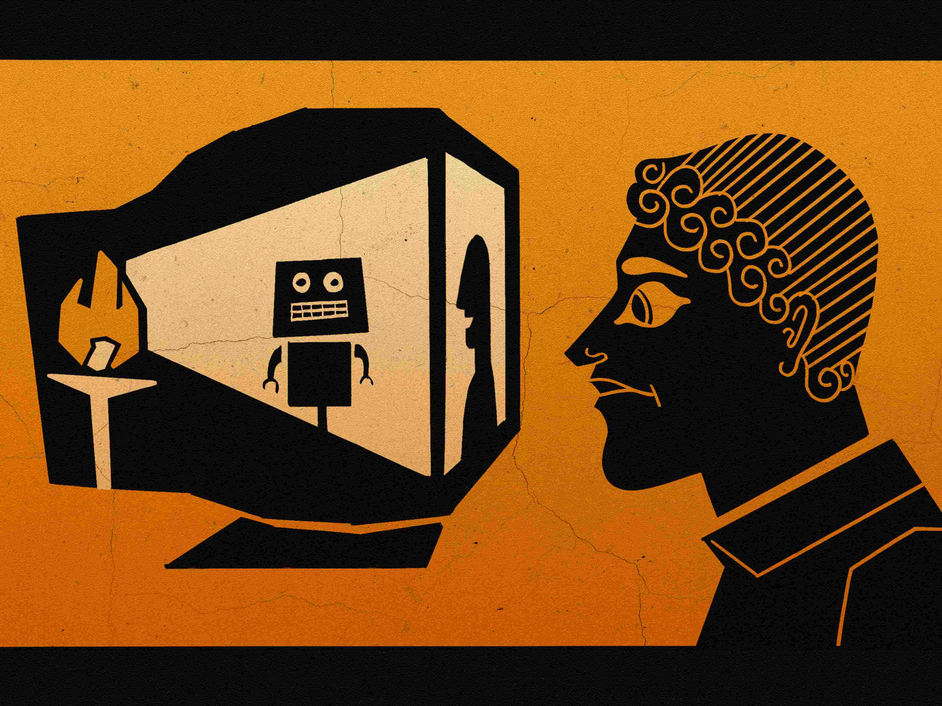 We're looking sideways at a man staring inside a transparent desktop computer, inside which a flame is projecting a robot, visible to us looking sideways at the computer, but which to the man appears as a human silhouette. The illustration is in the style of ancient Greek pottery painting, and recalls the allegory of Plato's cave.