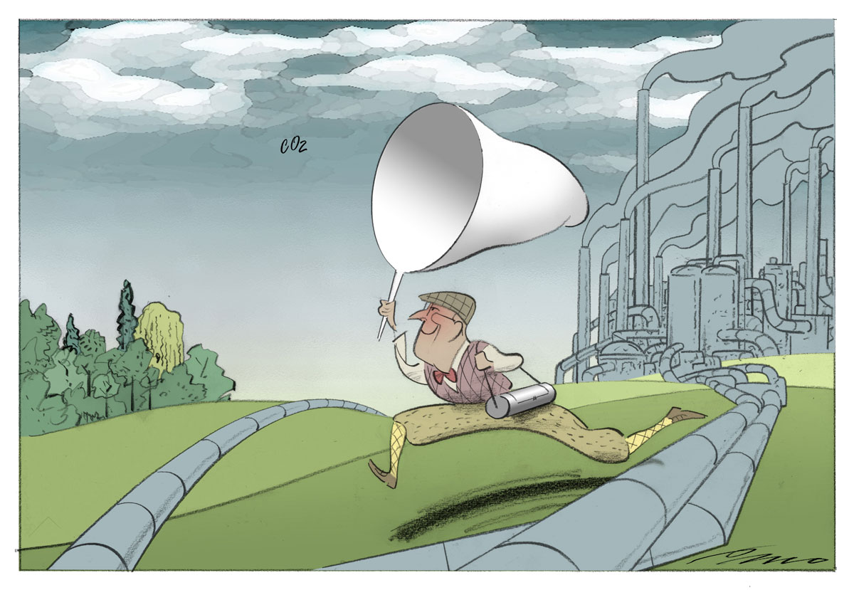 A cartoon by Per Marquard Otzen illustrating carbon capture and storage, first published in Politiken on March 12, 2023. Credit: Per Marquard Otzen/Politiken