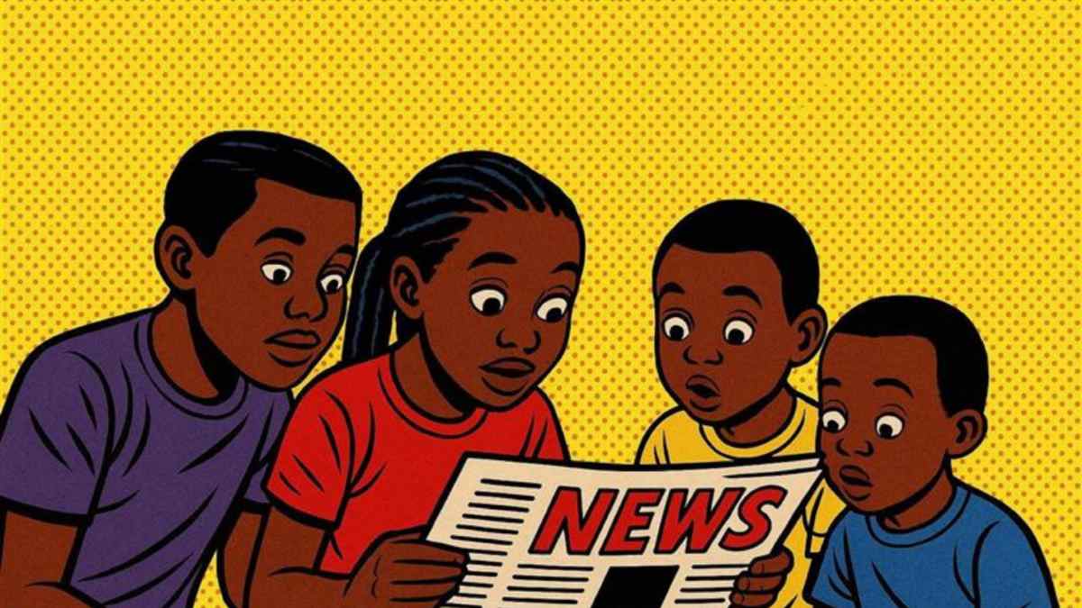 A pop-art style illustration of four children closely reading a newspaper labelled “NEWS” against a yellow background with red dots.