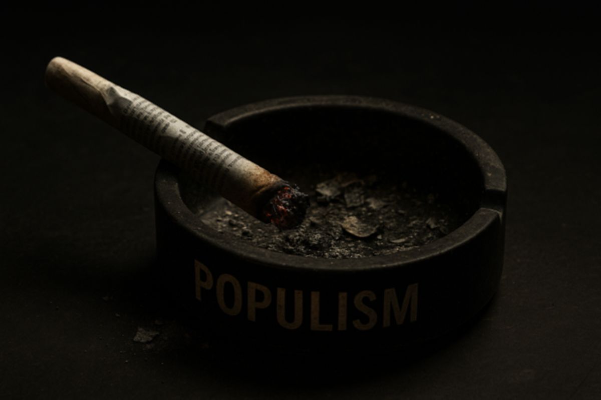 A joint rolled with newspaper burns in a dirty ashtray labelled "populism"
