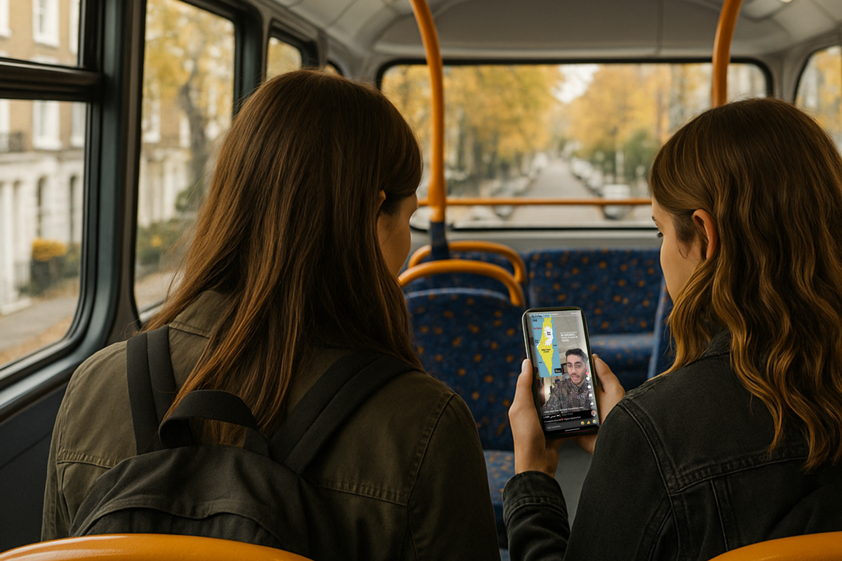 Two young girls on a bus look at a vertical video on a phone
