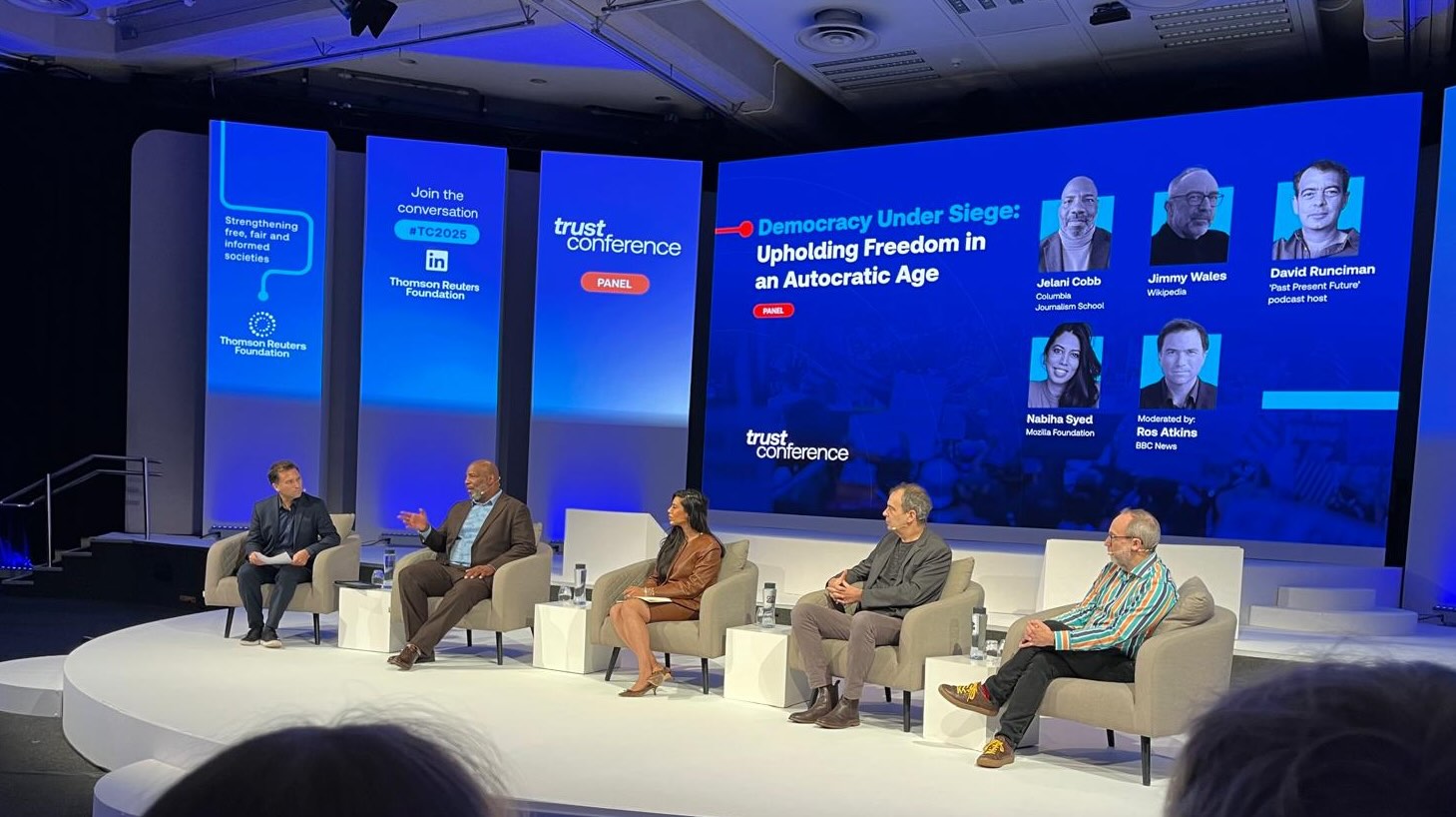 BBC journalist Ros Atkins, Columbia Journalism Dean Jelani Cobb, Nabiha Syed from the Mozilla Foundation, academic David Runciman and Wikipedia founder Jimmy Wales at the Trust Conference.