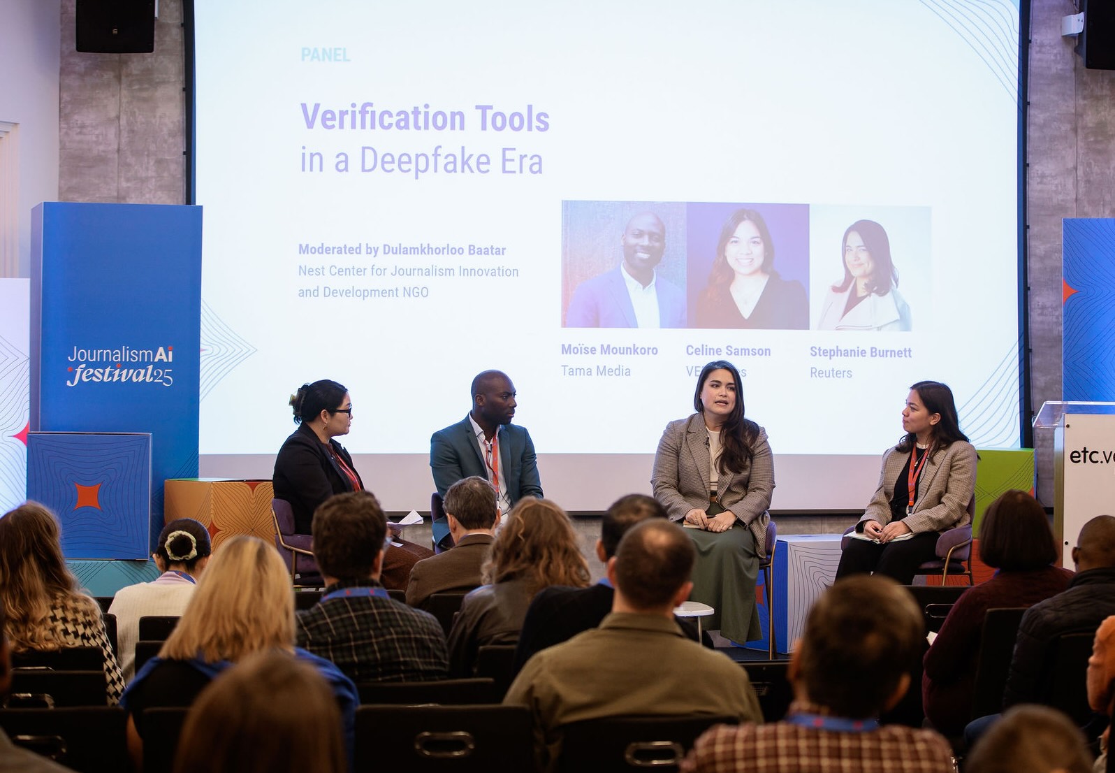 Dulamkhorloo Baatar from the Nest Centre, Moïse Mounkoro from Tama Media, Celine Samson from VERA Files and Stephanie Burnett from Reuters at the Journalism AI Festival, held in London on 11 and 12 November 2025. | Picture courtesy of JournalismAI