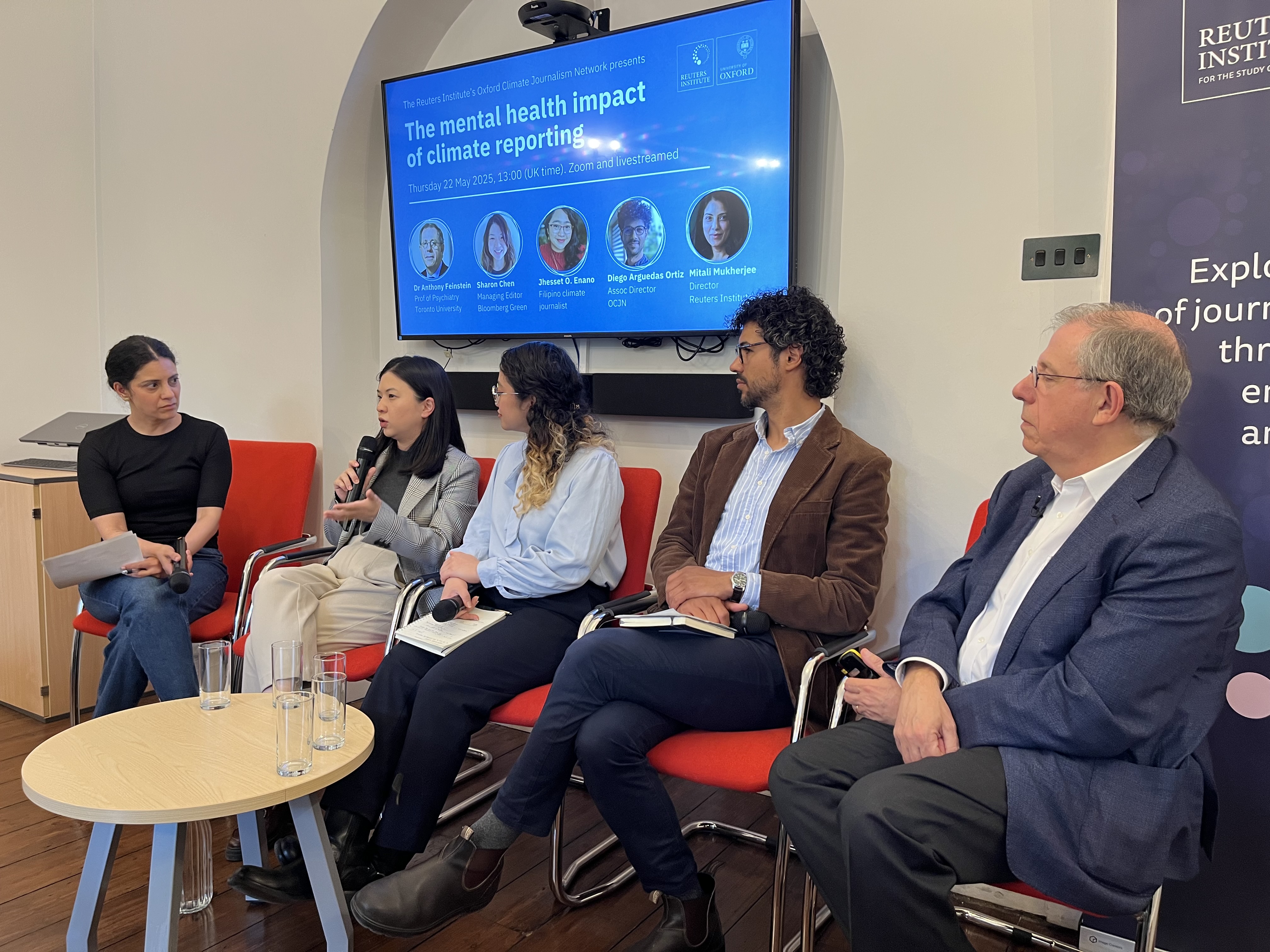 Mitali Mukherjee, Sharon Chen, Jhesset O. Enano, Diego Arguedas Ortiz and Dr Anthony Feinstein at our event on mental health and climate journalism. Credit: Greg Cochrane