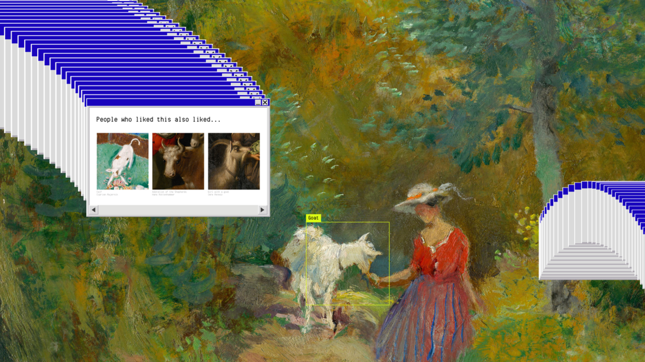 The collage shows multiple repeated tabs with the words "people who liked this also liked...". In the middle, there is a painting of a woman feeding a goat. The goat has been highlighted in a yellow bounding box. The background is a painted nature scene. 