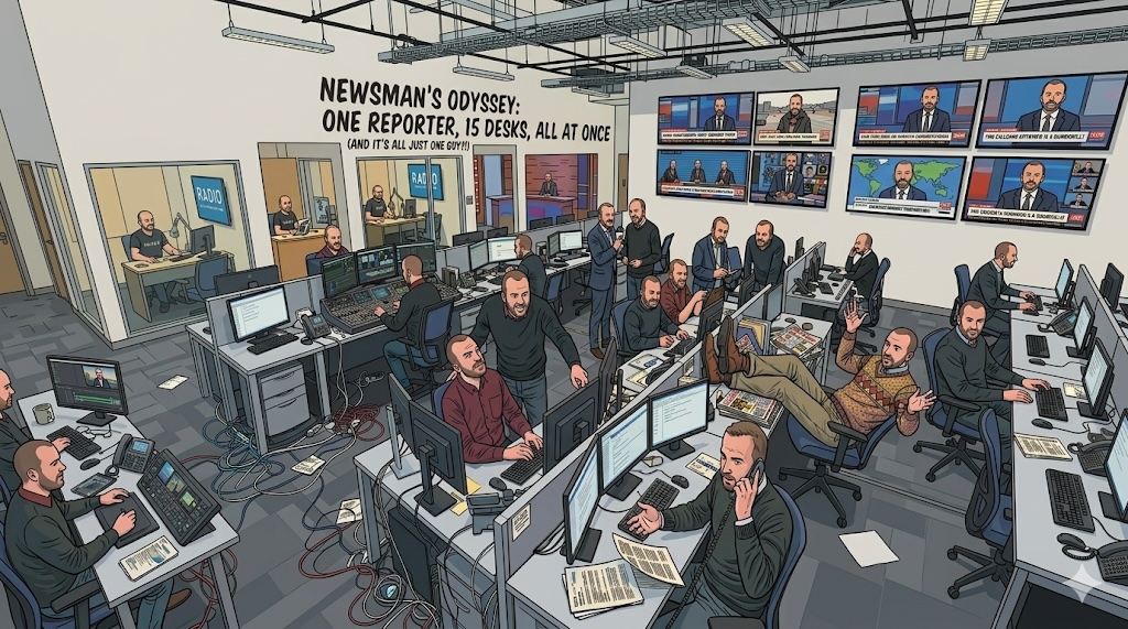 A wide-angle, comic-style illustration depicts a sprawling newsroom where every single desk, anchor position, and radio booth is occupied by a clone of the same bald, bearded man, each performing a different journalistic task, with bold text on the back wall reading, "NEWSMAN'S ODYSSEY: ONE REPORTER, 15 DESKS, ALL AT ONCE (AND IT'S ALL JUST ONE GUY?!)".