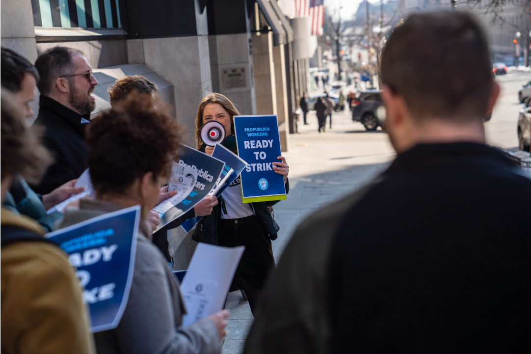 Unionized ProPublica workers picket outside the company's headquarters in New York City as part of a 24-hour strike. (Courtesy: ProPublica Guild)
