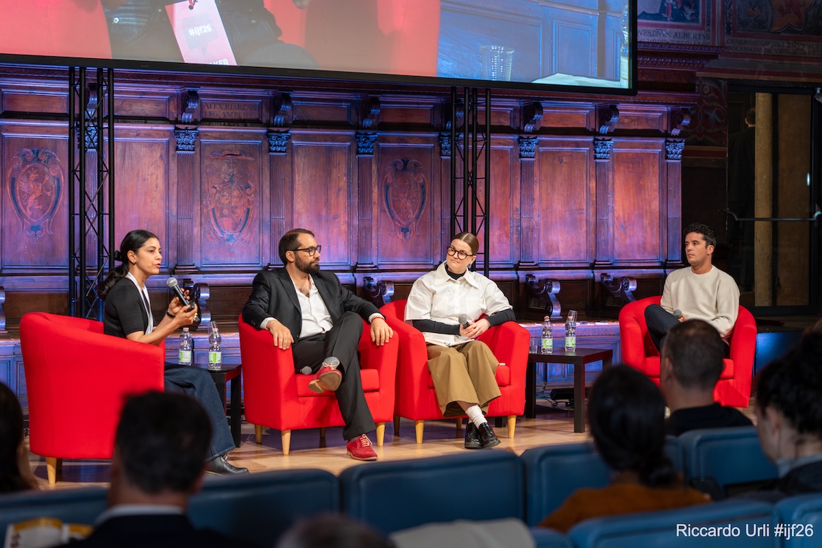 Mitali Mukherjee, Nicolás Copano, Salla-Rosa Grohn and Emilio Domenech during their talk in Perugia. | Riccardo Urli / International Journalism Festival