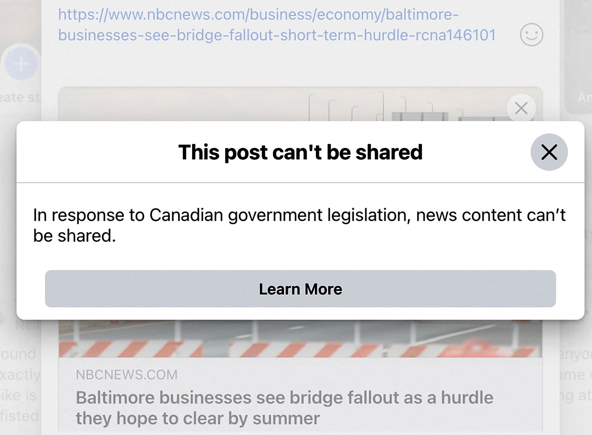 A warning that news stories cannot be seen on Facebook by users in Canada, a response by Meta to a new law requiring large internet companies to pay Canadian news publishers for their content, appears in a screenshot taken in Vancouver, British Columbia, Canada, April 6, 2024. Social Media Website/Handout via REUTERS. THIS IMAGE HAS BEEN SUPPLIED BY A THIRD PARTY