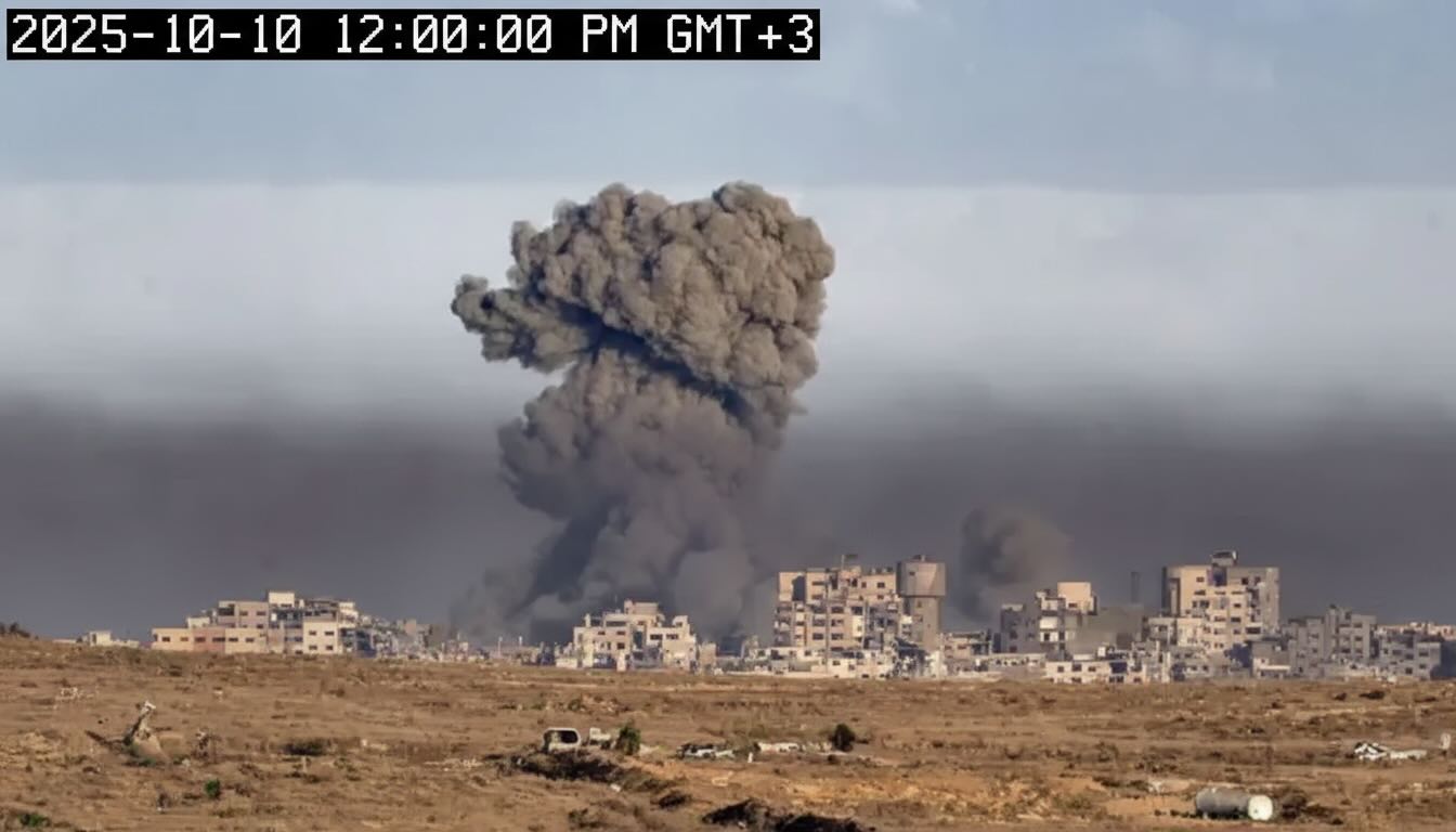 Large explosion rising over a city with a thick plume of smoke, timestamped “2025-10-10 12:00 PM GMT+3.”