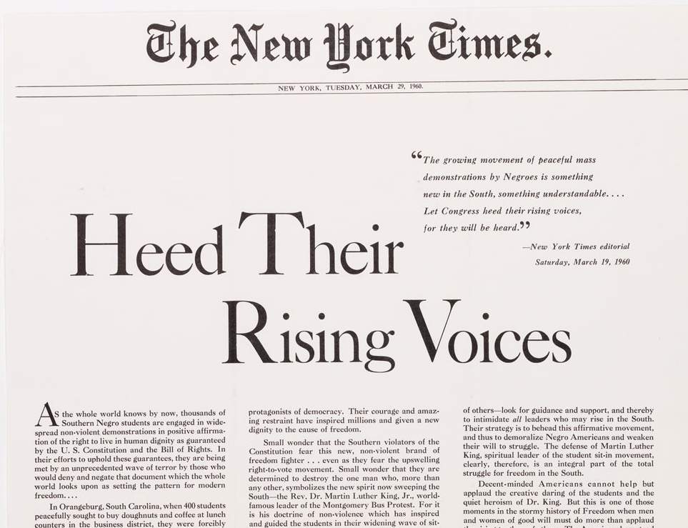 The original ad published by the'New York Times' on 29 March 1960. 