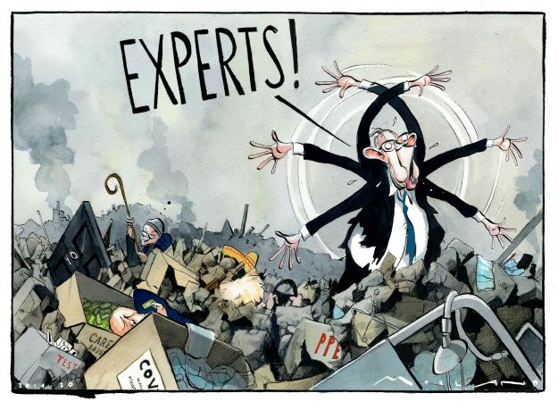 A political cartoon shows a UK politicians in the rubble of COVID-19, waving his hands frantically and calling "EXPERTS!"
