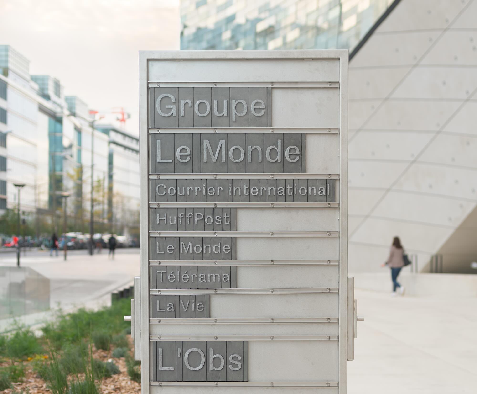 The discreet sign outside of the Groupe Le Monde headquaters. Photo: Jared Chulski