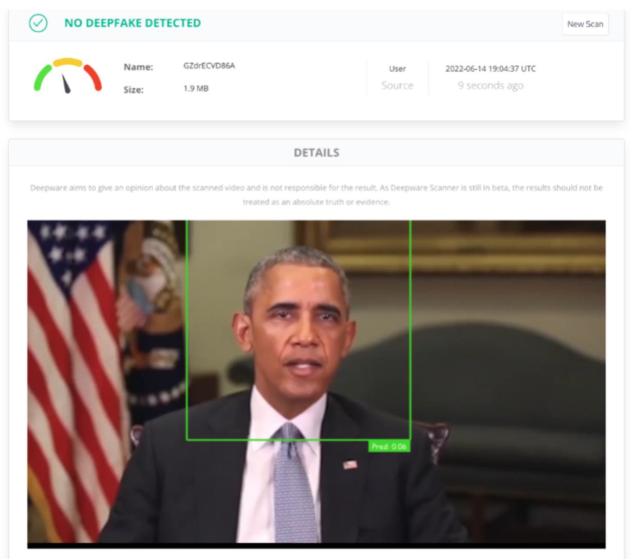  When we lowered the resolution and edited out the end of the video clip of President Obama’s deepfake, it was detected as “not a deepfake”.