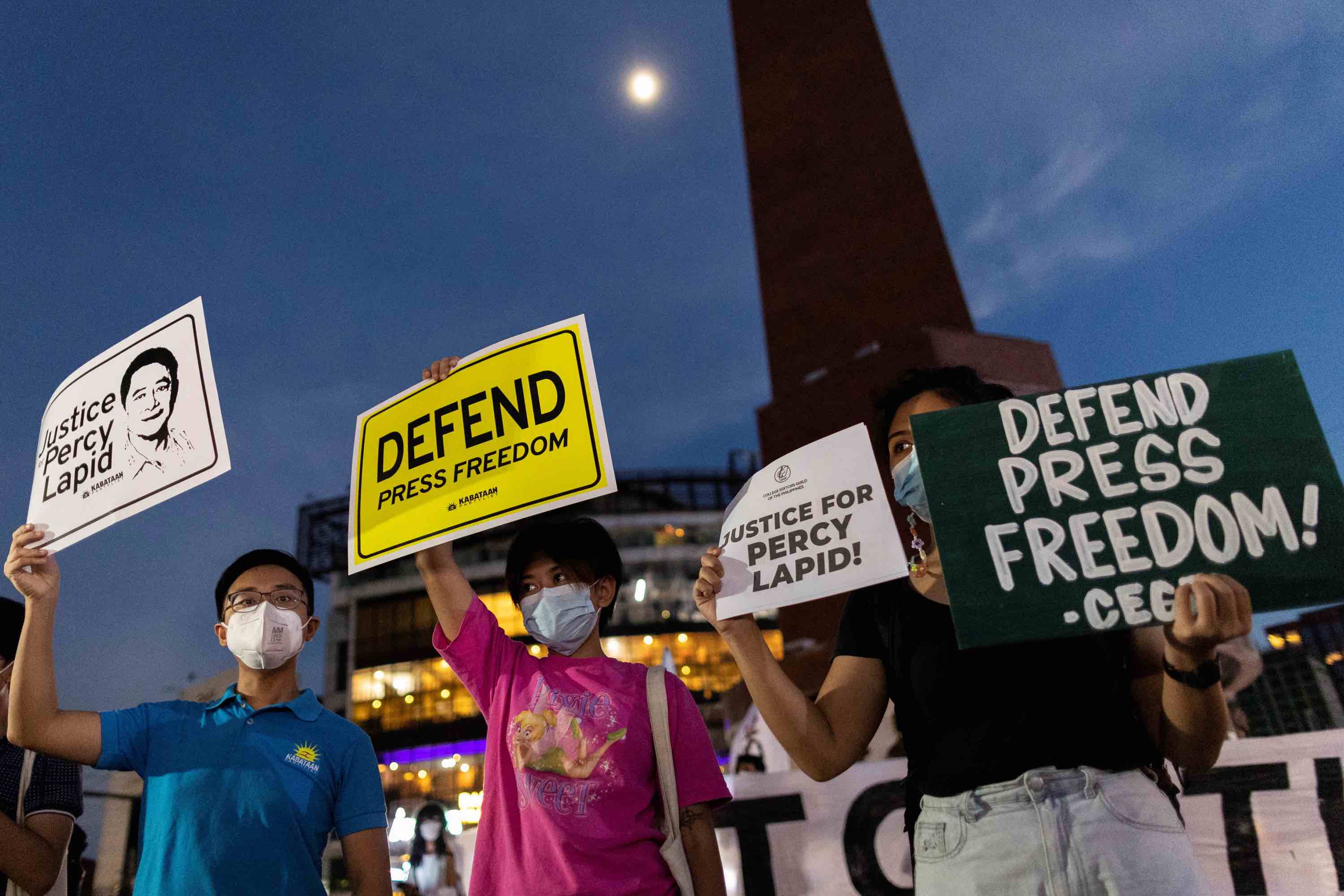 Journalists and activists call for justice and protection of media workers during an indignation rally following the killing of Filipino radio journalist Percival Mabasa, in Quezon City, Philippines, October 4, 2022. Mabasa, 63, was killed by two assailants at the gate of a residential compound in the Las Pinas area of Manila on October 3, 2022. REUTERS/Eloisa Lopez