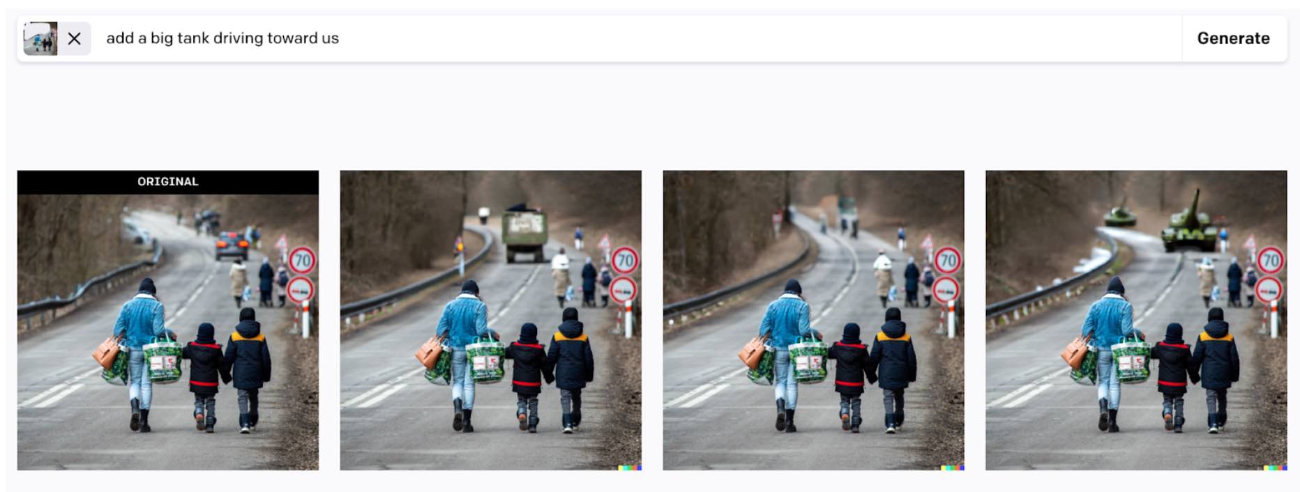 In-painting example using a real image showing Ukrainian refugees, adding a tank with DALL-E 2. Original photograph by Peter Lazar/AFP/Getty Images.