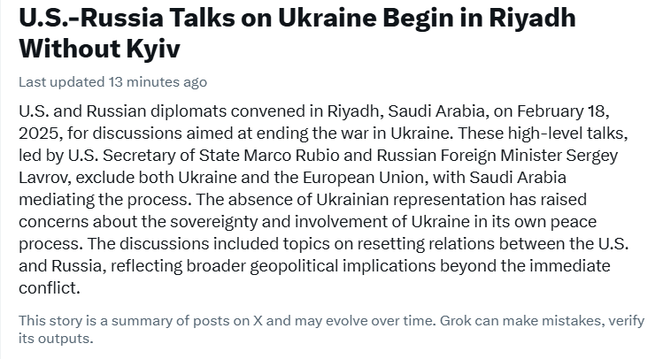 A screenshot of a text summary on the topic: 'U.S.-Russia talks begin in Riyadh without Kyiv