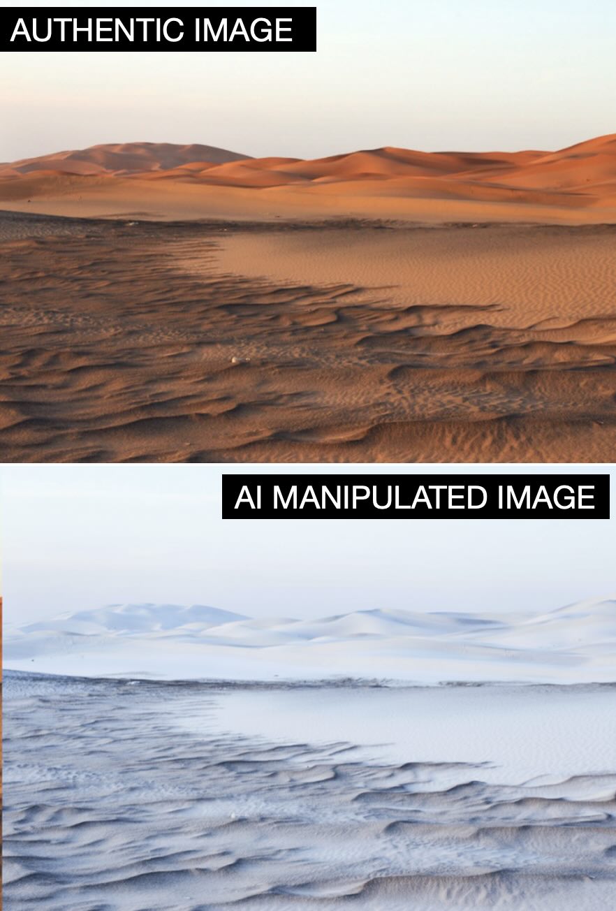 Two images of the Sahara desert, one of them AI manipulated