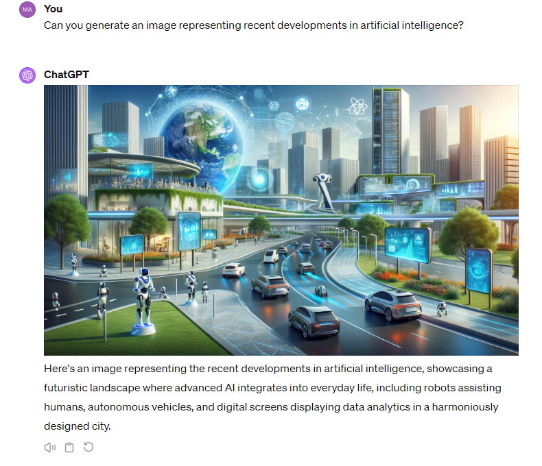 A screenshot of a chat exchange with ChatGPT. The question is: "Can you generate an image representing recent developments in artificial intelligence?" ChatGPT's picture is a futuristic cityscape populated by robots and blue screens.