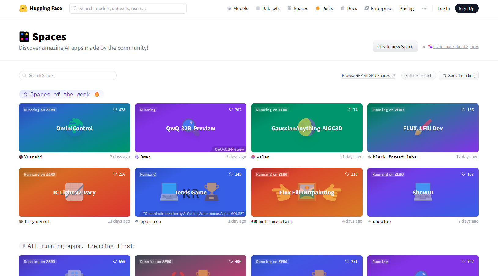 A screenshot of the 'Spaces' page on the Hugging Face hub, displaying rows of colourful rectangles with the names of the spaces.